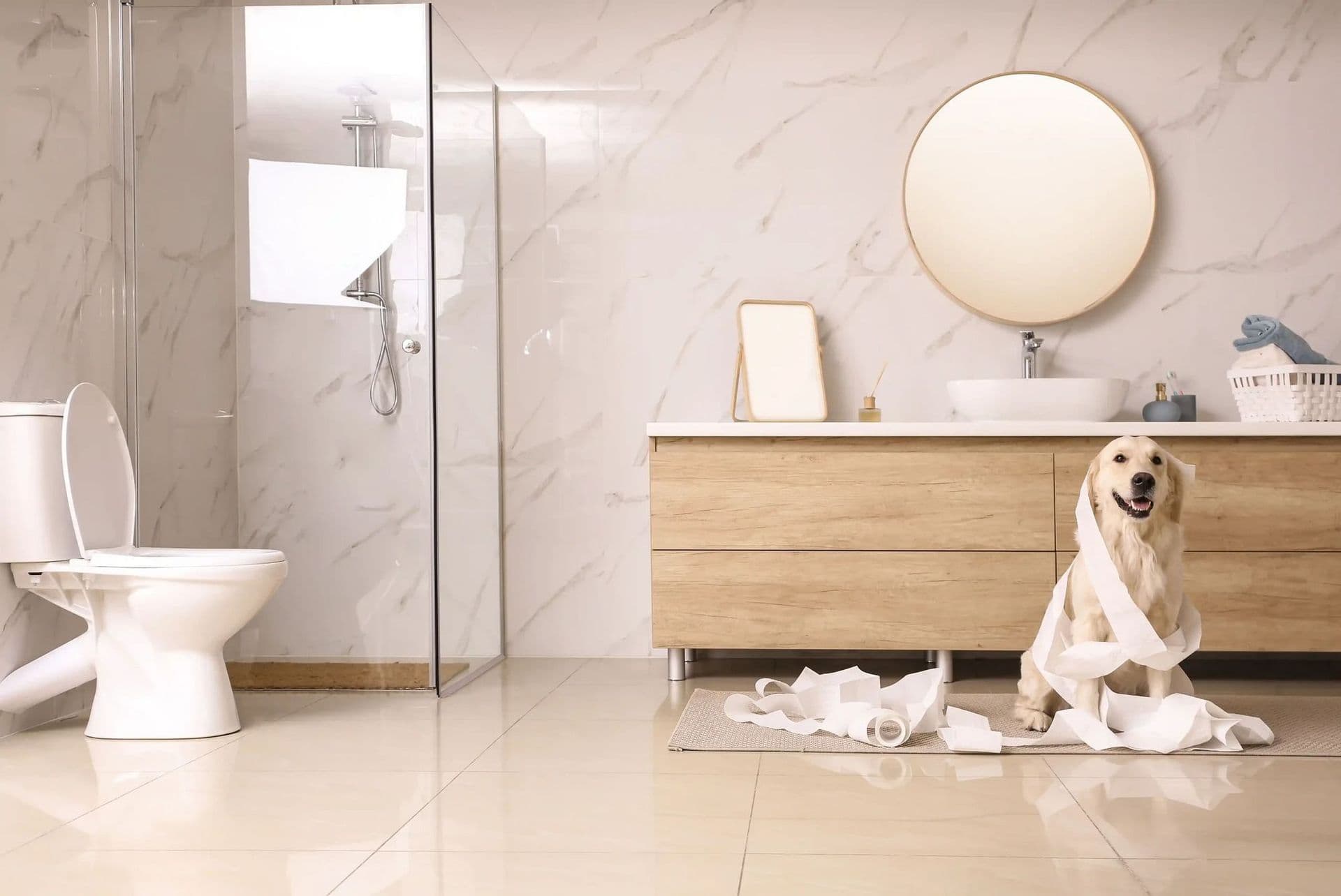 Bathroom with shower and dog
