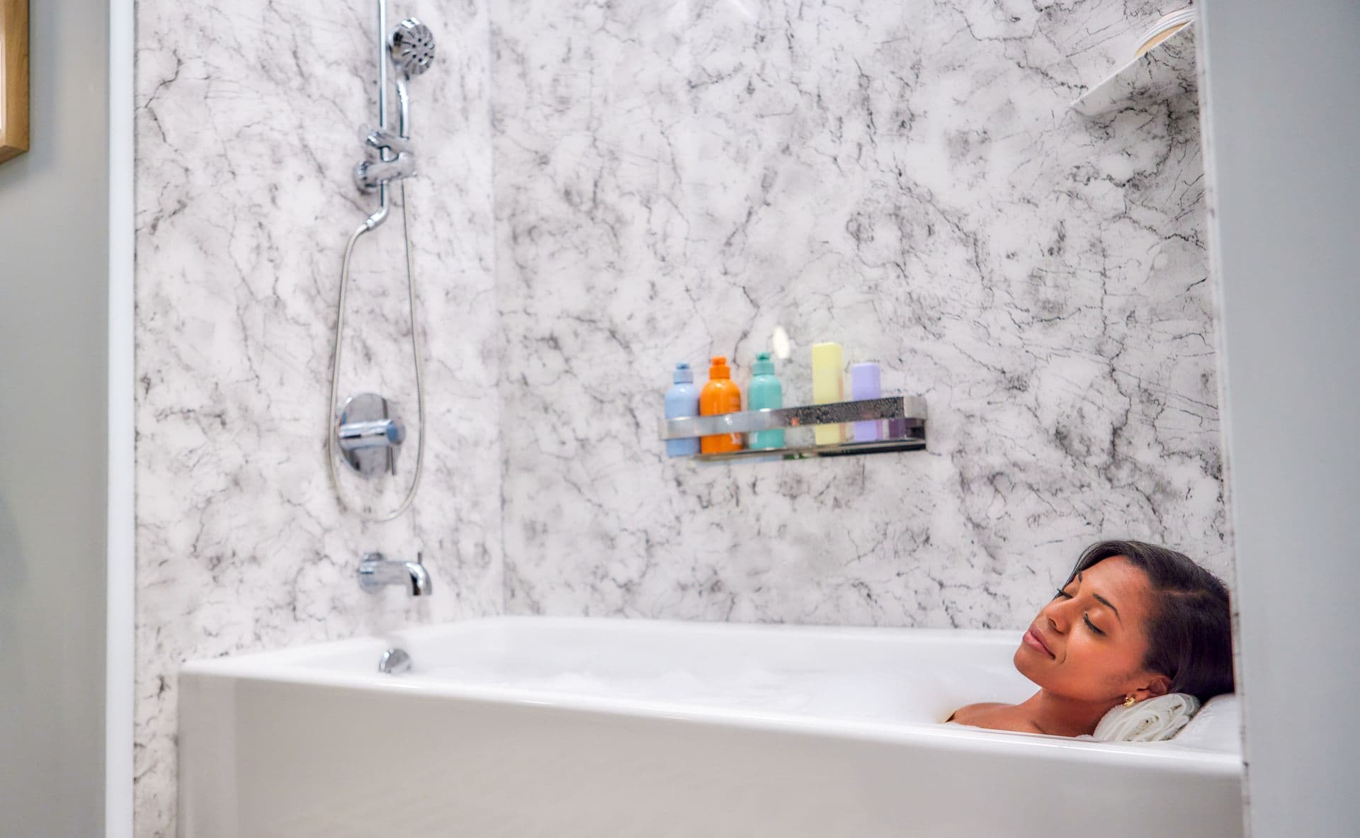 JBR_Retangle_Skirted_19-_Soaker_Bathtub_Midnight_Storm_Smooth_Walls_Multi_Function_Shower_Spa_Chrome_Grab_Shelf_Chrome_Midnight_Storm_Prairie_Corner_Shelf_Female